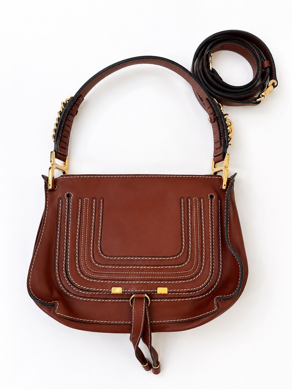 Chloé Marcie Calfskin Leather Top Handle Satchel Bag Brown Gold Crossbody